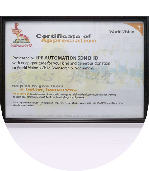 Certificate of Appreciation Vision's Child Sponsorship Programme